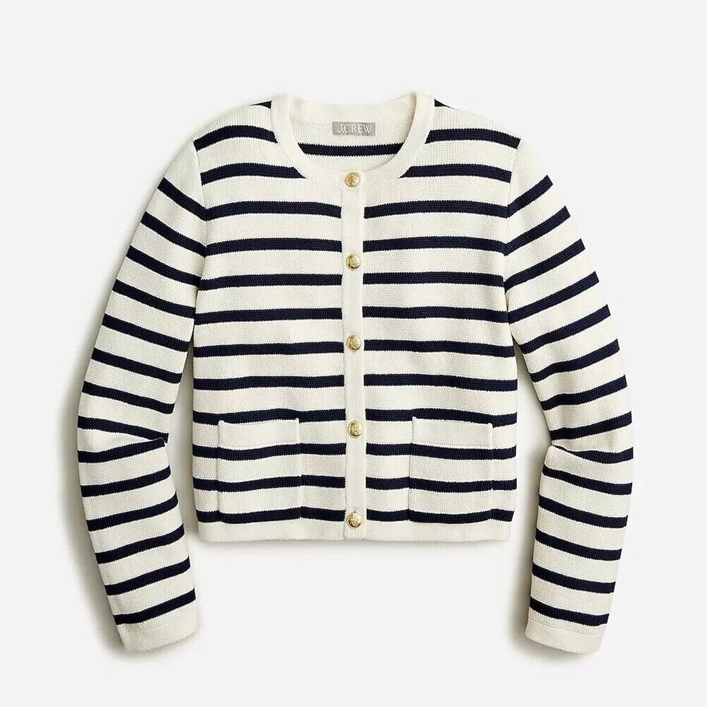 Jcrew Emilie Patchpocket Sweater Lady Jacket In Stripe - S - Ivory Navy - Picture 1 of 6